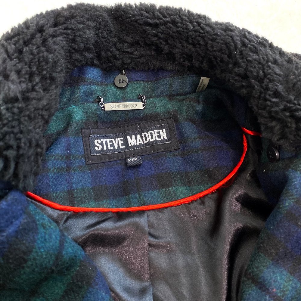 Steve Madden Women's Wool Blend Plaid Coat with Fur Trim, Green/Navy, Size M - Picture 6 of 10